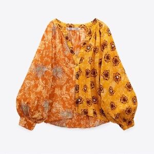 Zara Orange and Yellow Patterned Blouse
